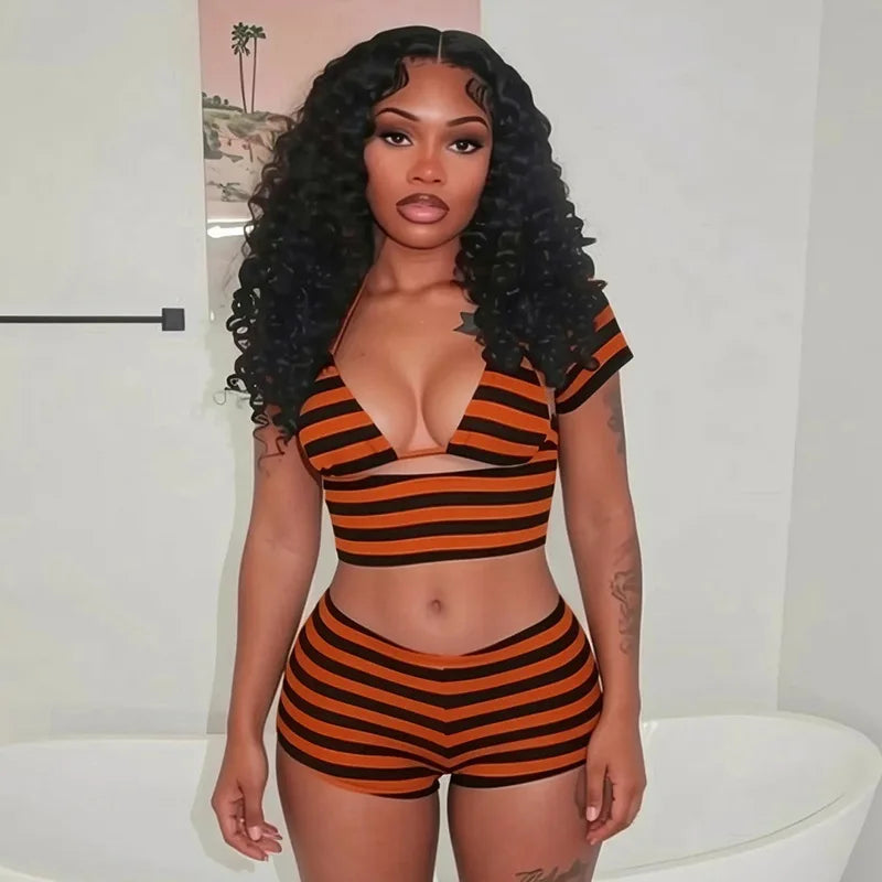Womens Striped Shorts Set Casual Slim Fit Stylish Short Sleeve T-shirt Halter Bra and Mid Rise Shorts 3 Pcs Set Summer