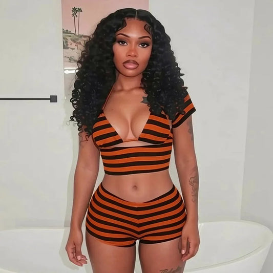 Womens Striped Shorts Set Casual Slim Fit Stylish Short Sleeve T-shirt Halter Bra and Mid Rise Shorts 3 Pcs Set Summer