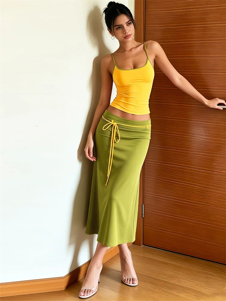 Casual Fashion 2 Piece Set Woman Low-Neck Backless Skinny Camisoles Tops+Bandage Tassel Decoration Long Skirts Suits