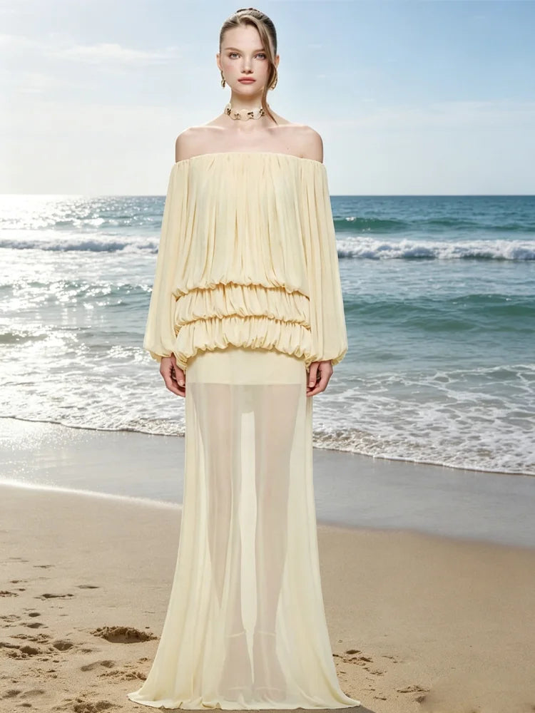 Draped Maxi Dress Women See Through Hem Off-Shoulder Long Lantern Sleeve Elegant Vacation Wedding Party Vestidos