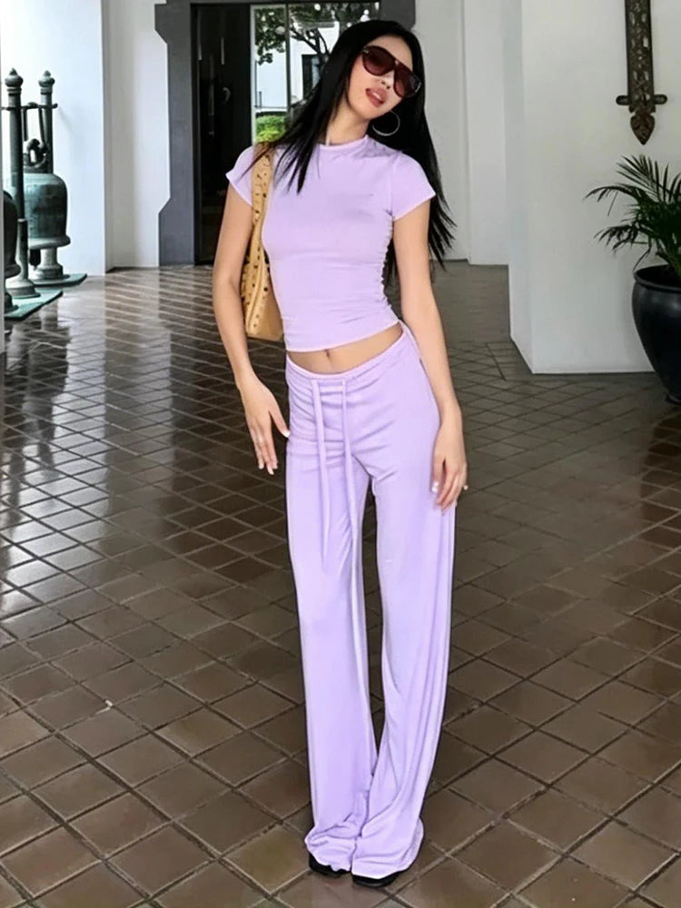 Casual Simple Style 2 Piece Set Woman Summer Trend o-Neck Short Sleeve T-Shirts+Drawstring Straight Pants Streetwear