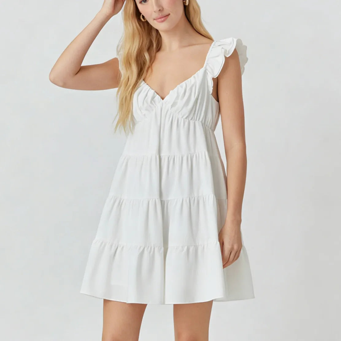 Women Tiered Mini Dress Solid Color V Neck Flutter Sleeve Backless A-line Short Dress for Daily Summer Vacation Sundress