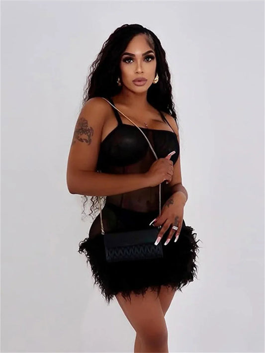 Patchwork Feather Dress Women Sexy Sleeveless Coquette Peach Hip Midnight Party Clubwear Stretch Skinny Mini Bodycon