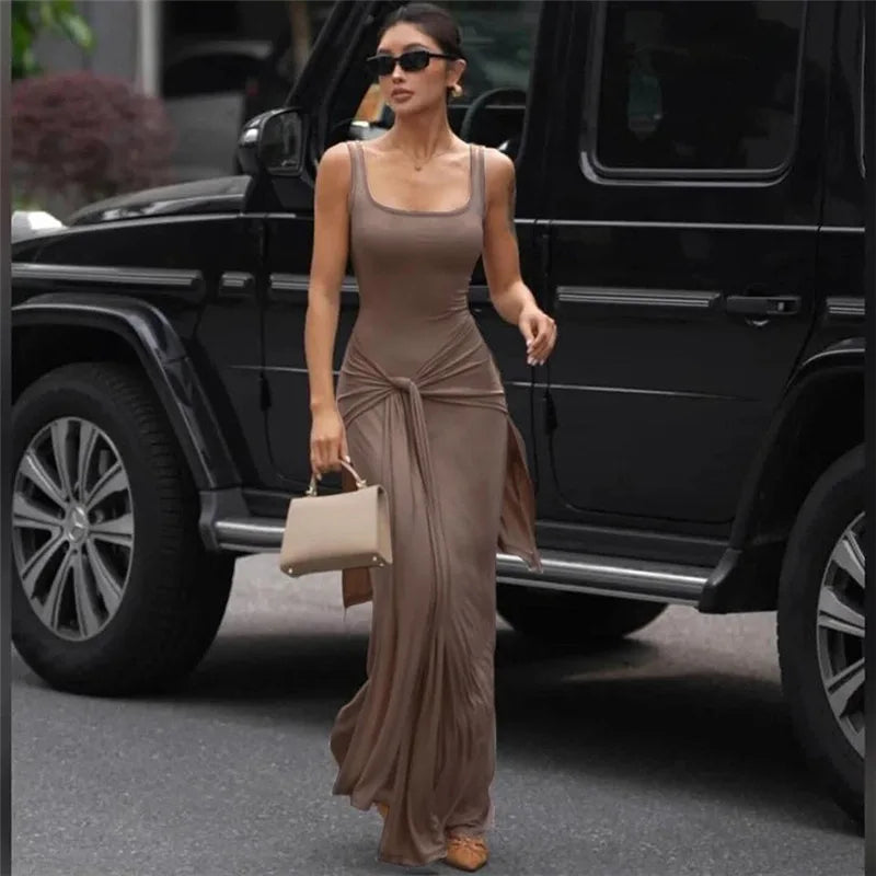 Square Neck Low Cut Sleeveless Long Dresses Business Casual Summer Black Dress Woman Elegant Clothing