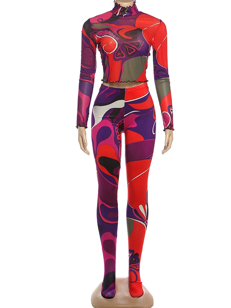 Sexy Sporty 2-Piece Set Women Tracksuit Sporty Fall Crop Tops+Leggings Matching Tight Stretch Colorful Print Streetwear