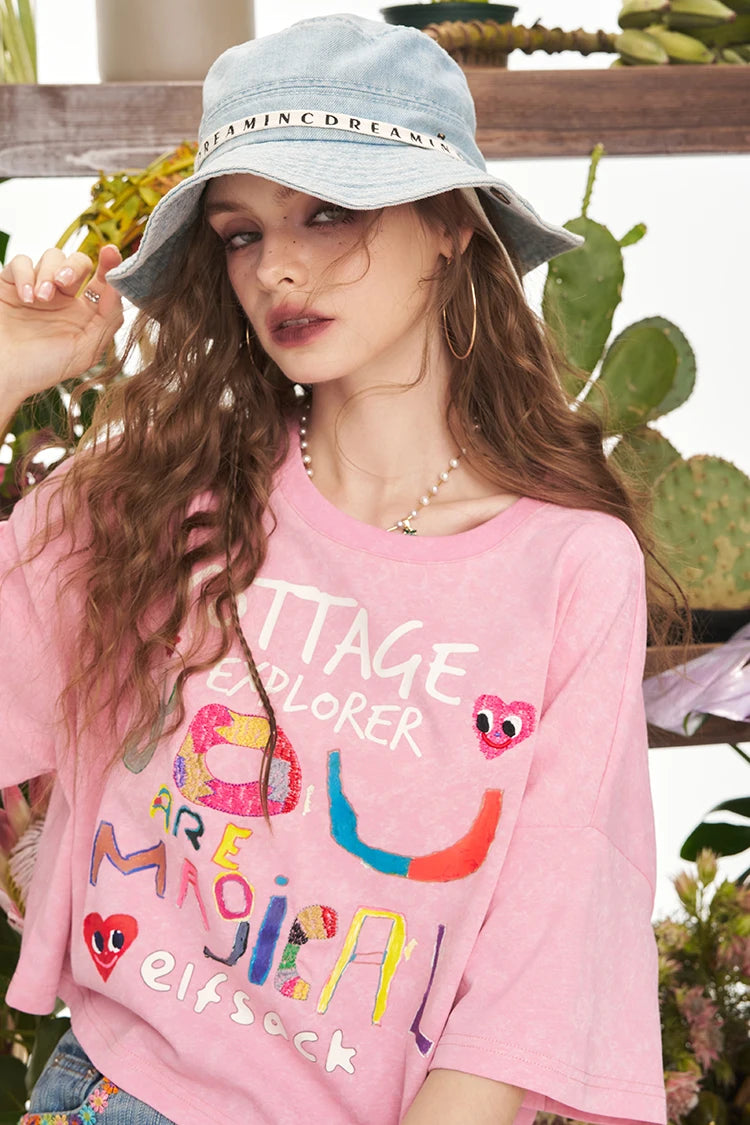 2025 Summer New Arrivals Pink Graffiti Printed Casual Short Sleeve T-Shirt For Women