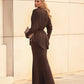 Elegant 2 Piece Set Women V-Neck Shoulder Pads Long Sleeves Folds Tops+Long Skirts Solid Banquet Party Fashion Suits