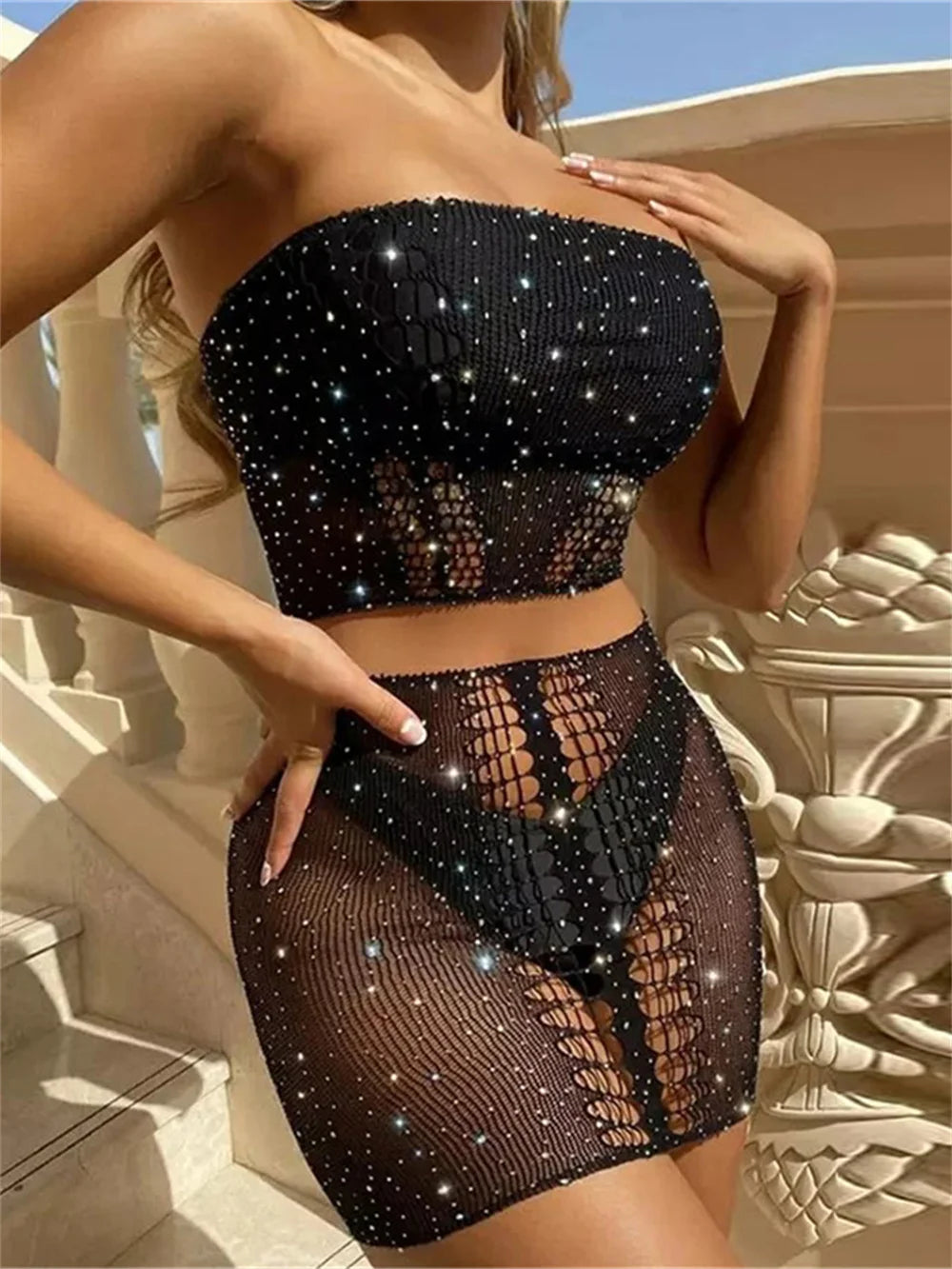 Sexy Summer Women 2 Piece Set Pearl Hollow See Through Midnight Coquette Strapless Tops+Skirts Matching Clubwear