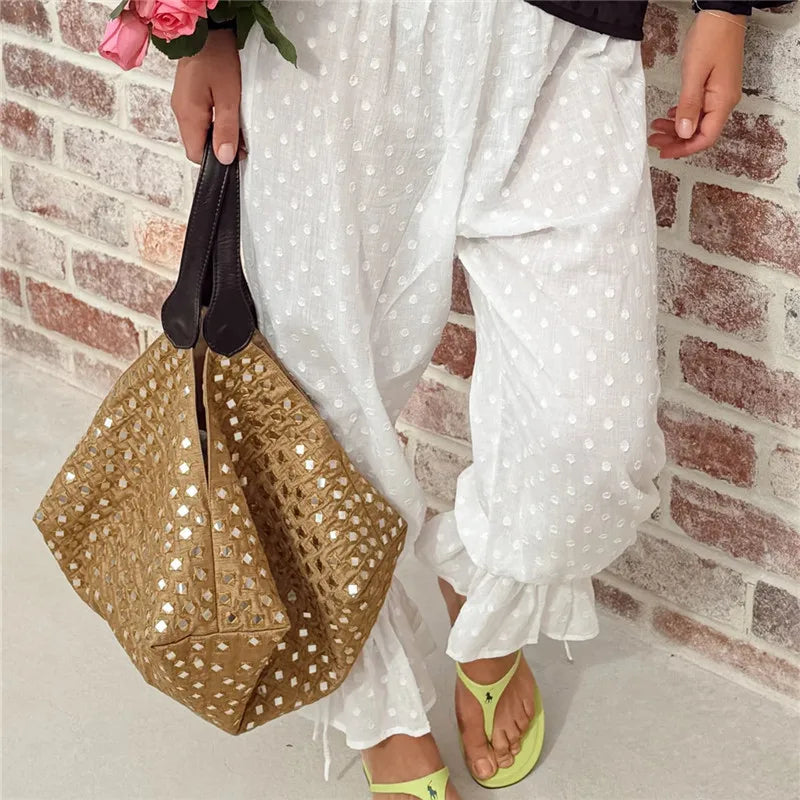 Women Swiss Dot Harem Pants Elastic Waist Ruffle Cuff Drawstring Hem Loose Bohemian Casual Holiday Beach Trousers