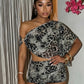 Leopard Print 2-Piece Set Women Skew Collar Metal Trim Irregular Hem t-Shirt+Folds Elastic Waist Skirt Summer Suit