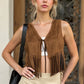 Women Retro Western Fringe Crop Vest Sleeveless Faux Suede V Neck Tie Front Tassel Waistcoat Festival Casual Outerwear