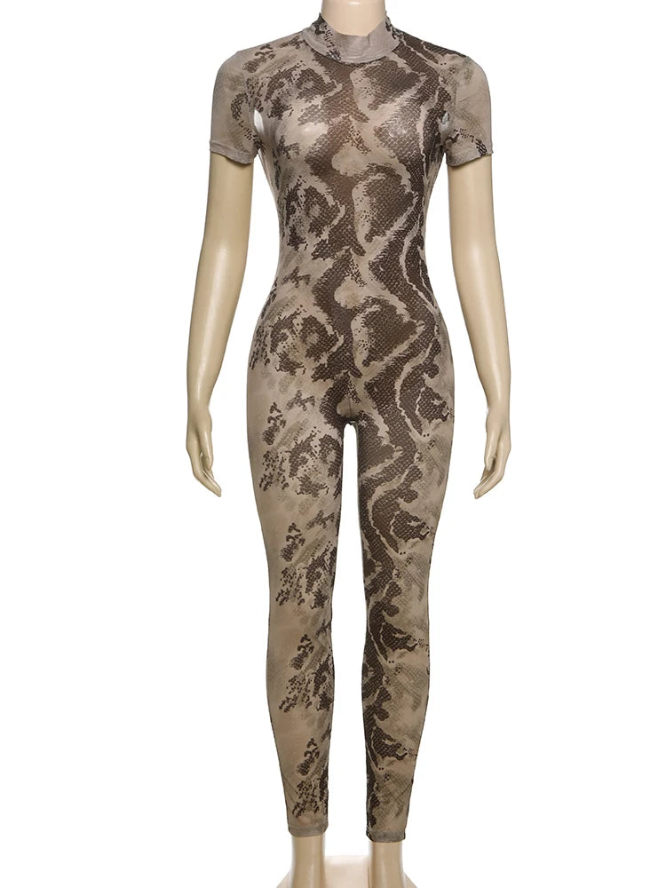 Serpentine Jumpsuit Women See Through Backless Short Sleeve Sexy Fit Summer Workout Overalls Stretch Button Clubwear