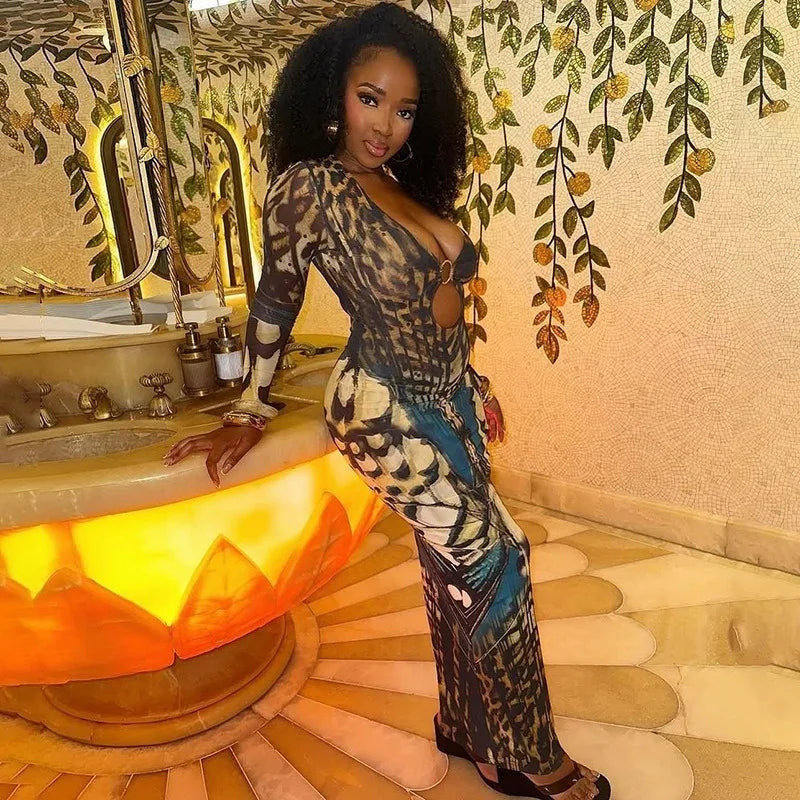 Butterfly Print Mesh Sheer Deep V Neck Long Sleeve Maxi Dresses 2026 Woman Party Dress Sexy Outfits