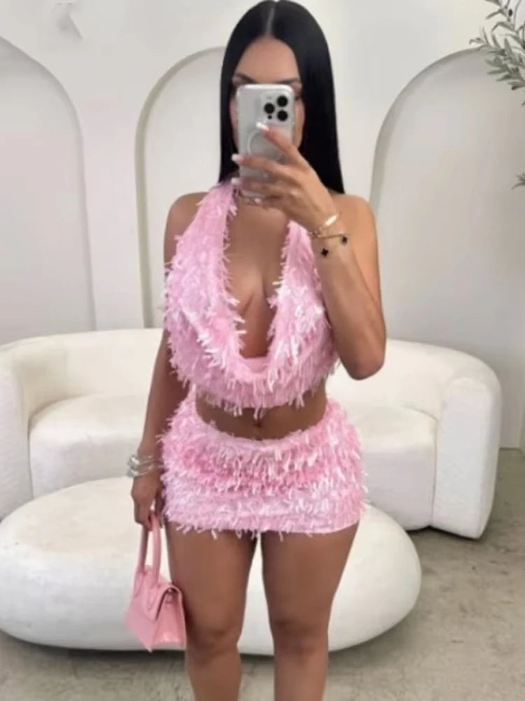 Sequin Tassels 2 Piece Set Women Swing Collar Tank Tops+Peach Hip Skits Summer Sexy Midnight Birthday Party Clubwear