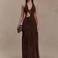 Hollow Out Halter Backless Sexy Maxi Dress Women Gown Elegant Patchwork V Neck Sleeveless Bodycon Club Party Long Dress