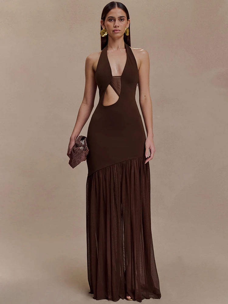 Hollow Out Halter Backless Sexy Maxi Dress Women Gown Elegant Patchwork V Neck Sleeveless Bodycon Club Party Long Dress