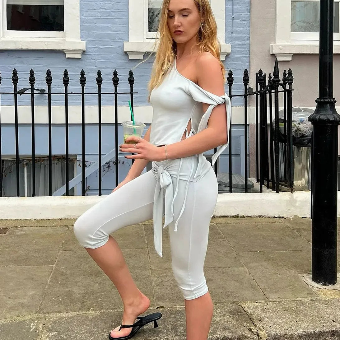 Off Shoulder Tie Detail Crop Top and Tie Waist Capri Pants 2 Piece Set Women Y2K Casual Matching Loungewear Outfit