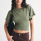 Women's Boat Neck Flutter Sleeve Ruched Side Cropped T-Shirt Solid Color Slim Fit Casual Short Sleeve Top for Summer