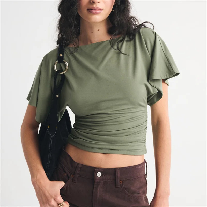 Women's Boat Neck Flutter Sleeve Ruched Side Cropped T-Shirt Solid Color Slim Fit Casual Short Sleeve Top for Summer
