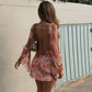 Floral Leopard Print Mesh See Through Dress Elegant Sexy Long Sleeve Backless Mini Dresses for Woman