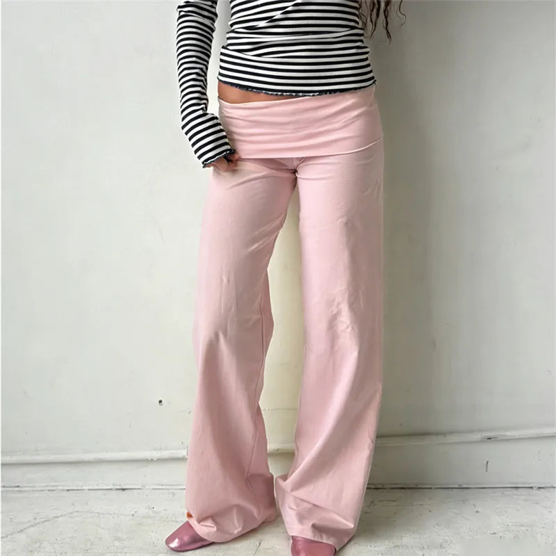 Women Wide Leg Pants Solid Fold Over Waist Casual Trousers Spring Fall Straight Leg Sweatpants Bottoms Y2K Streetwear
