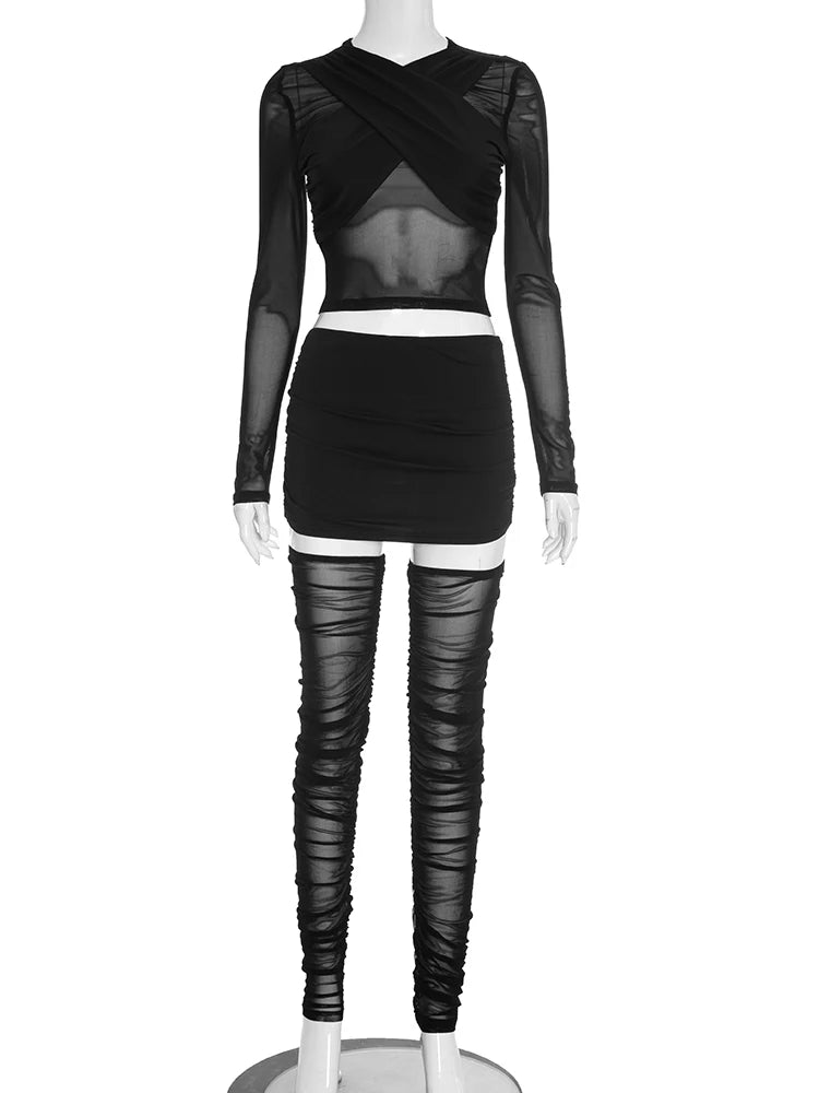 Sexy Mesh 3 Piece Set Women Patchwork Ruched Cross Crop Tops+Skirt+Knee-High Socks Matching Elastic Street Outfits