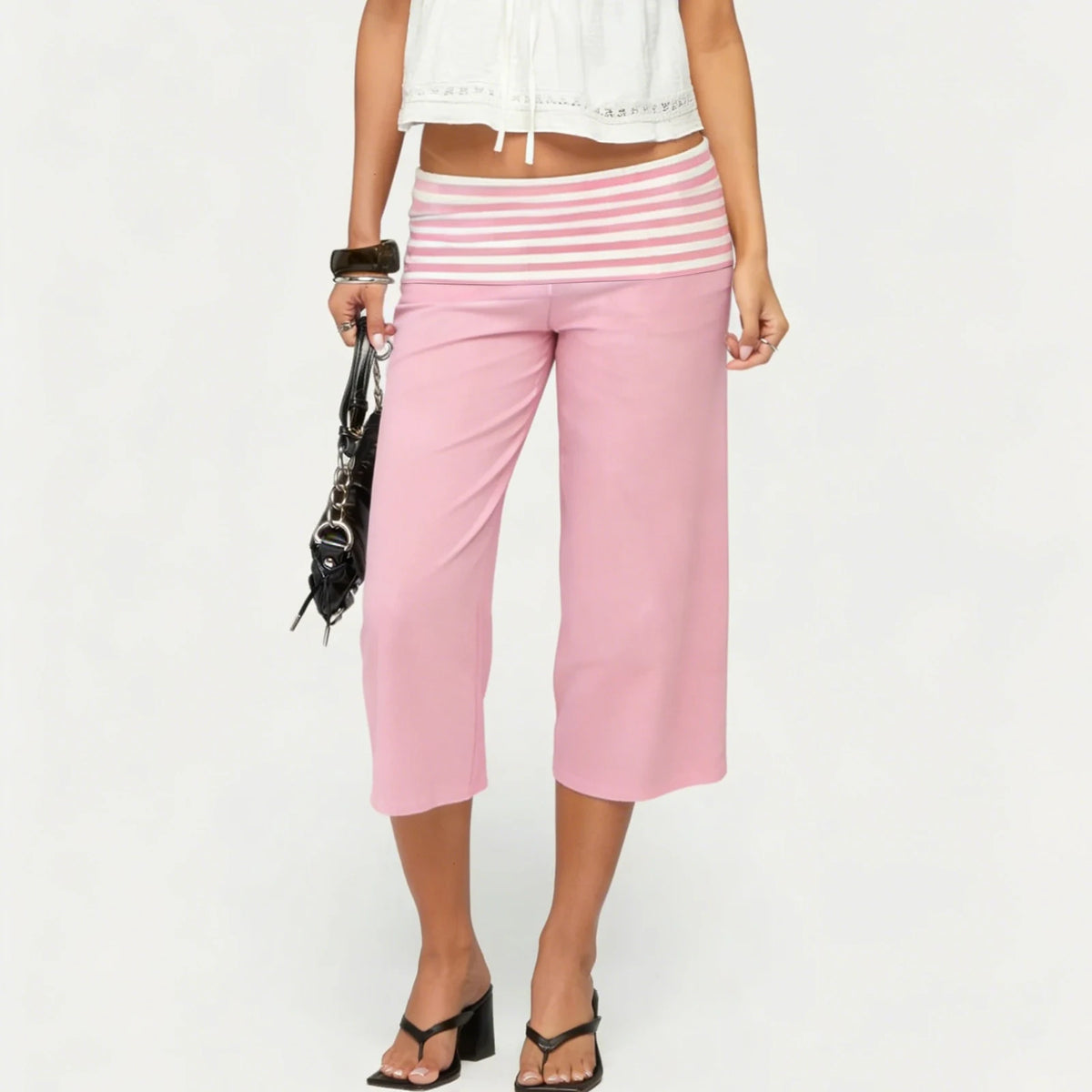 Womens Fold Over Lounge Capri Pants Striped Low Rise Wide Leg Gaucho Pants Yoga Culottes Casual Foldover Bottoms