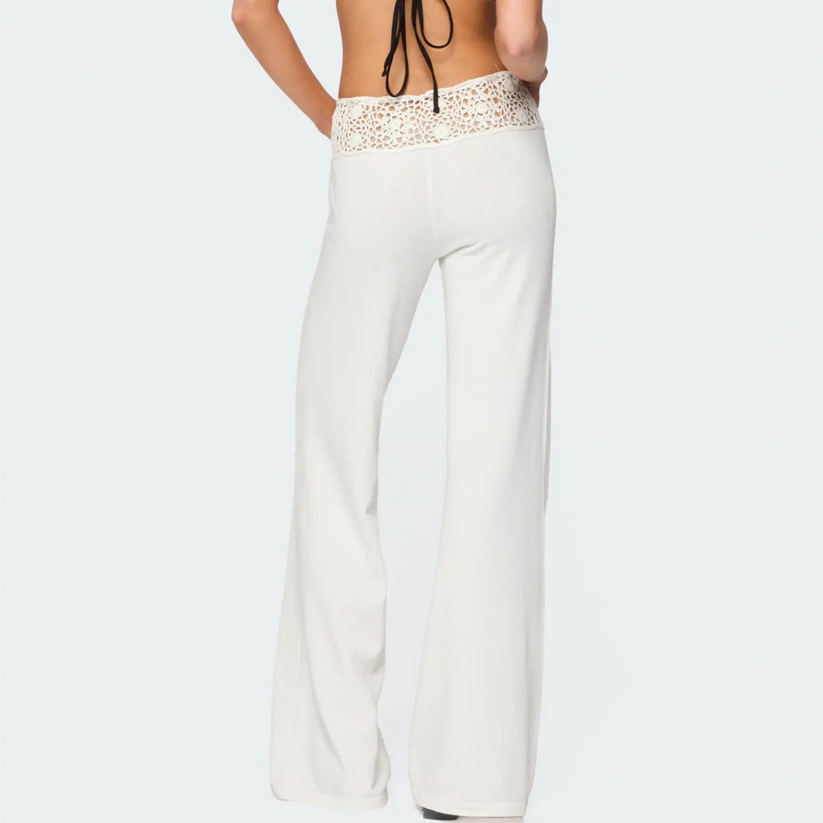 Women Crochet Knit Pants Y2k Low Waist Drawstring Cover Up Pant Sexy Wide Leg Stretchy Hollow Out Vacation Beach Pants
