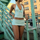 Stripe Print 2 Piece Set Woman Bow Decoration Halter Low-Neck Navel Exposed Tops+Skinny Mini Shorts Sexy Fashion Suit