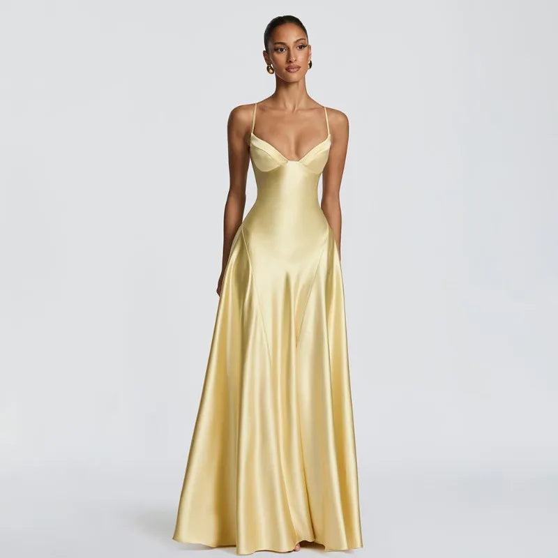Spaghetti Strap Deep V Neck Backless Maxi Dress Satin Purple Party Dresses Woman Elegant Luxury Ball Gowns