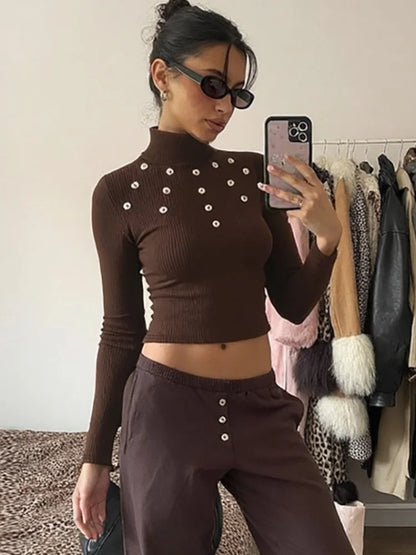 Shell Buckle Turtleneck Long Sleeve Top Brown Knit Tight Fitted T Shirts Fashion 2025 Autumn Clothes for Woman