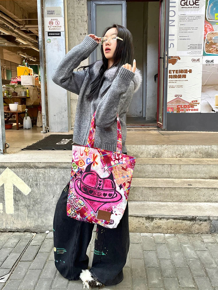 Y2K Plaid Cherry Hand Drawn Graffiti Large Capacity Tote Bag For Women