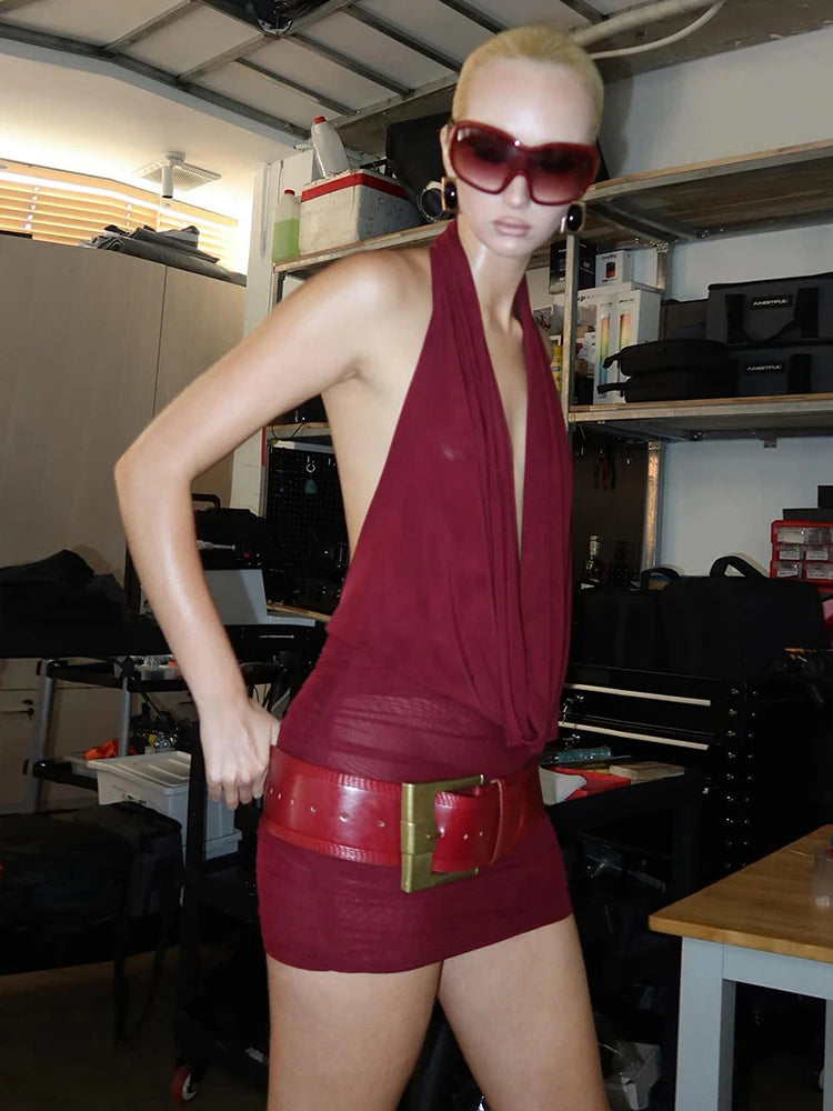 Halter Backless Dress Women Sexy Swing Collar Sleeveless Skinny Folds Sexy Midnight Summer Trend Hottie Thin Bodycon