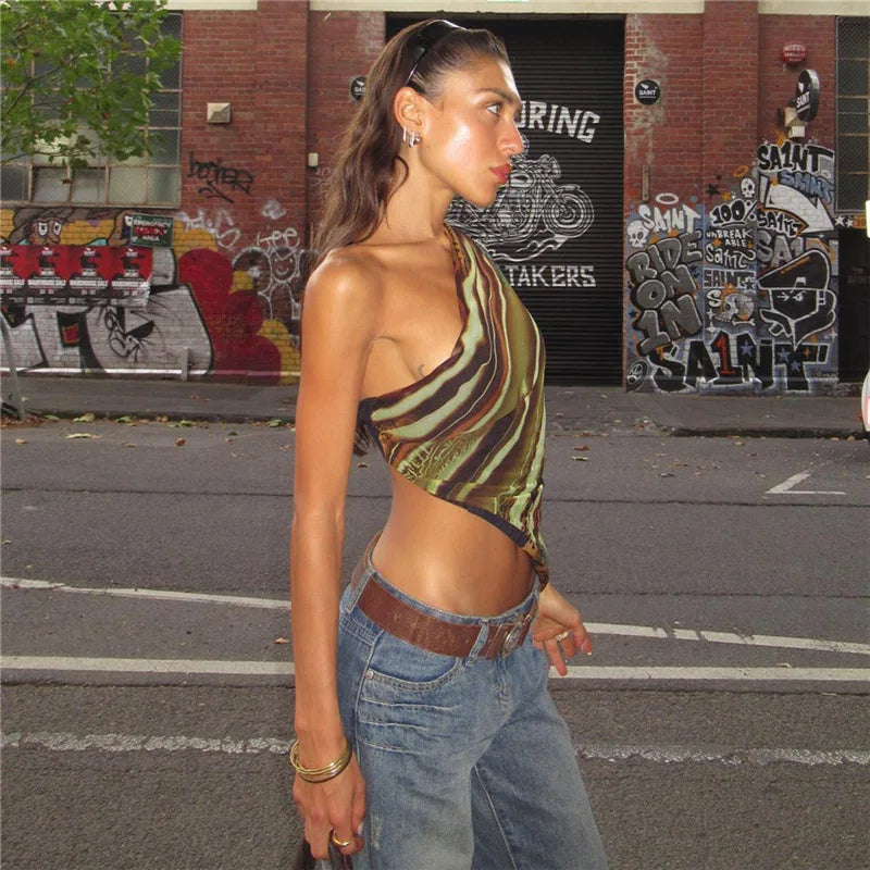 Abstract Print Tank Tops Y2k Tees Summer Clothing for Women Trendy Sexy Asymmetric One Shoulder Crop Top