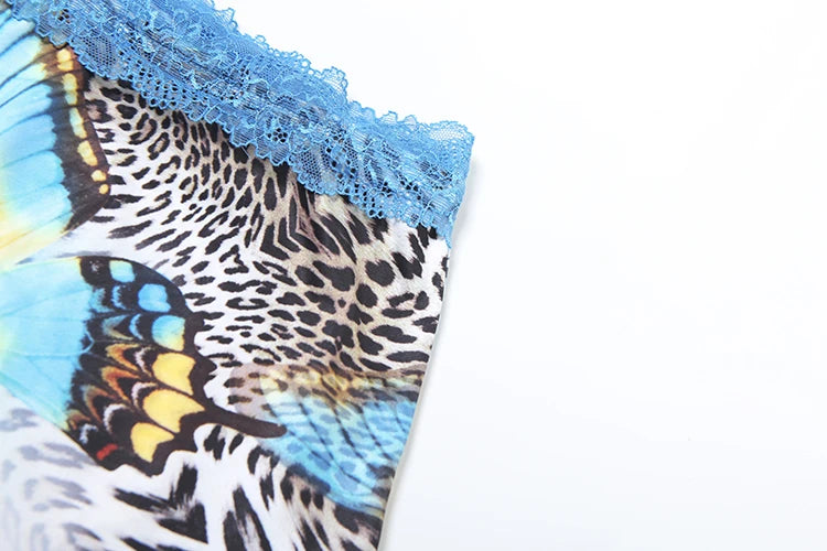 Pearls Shirring 3 Piece Set Women Sexy Halter Bar+Briefs+Butterfly Print Skinny Skirts Vacation Beach Party Outfits