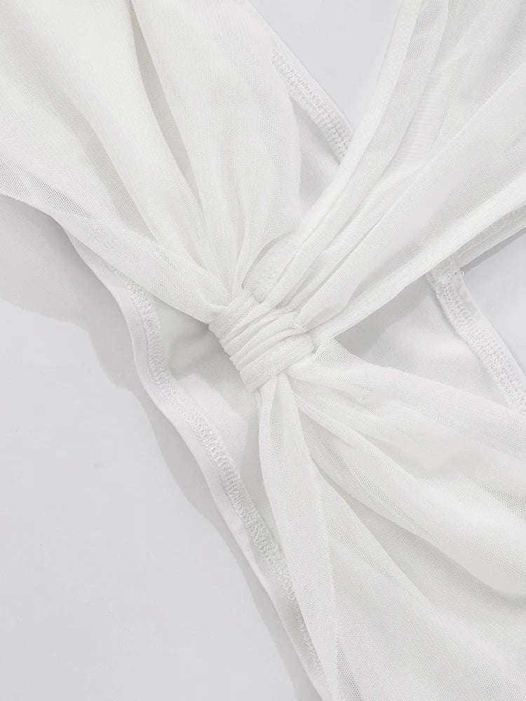 Sexy Fashion 2 Piece Set Women Mesh Patchwork Single Sleeve Strapless Top+Skinny Shorts Hottie Street Hipster Outfits