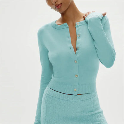 Knitted Fashionable Casual Cardigan Top Solid Color Round Neck Long Sleeved Slim Fit Winter Fall Button Sweater Tops