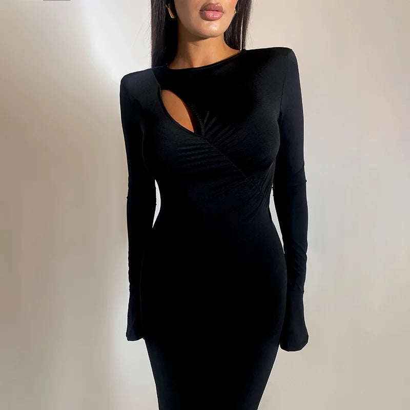 Hollow Out Flare Long Sleeve Bodycon Maxi Dress Winter Elegant Sexy Black Evening Party Dresses for Woman