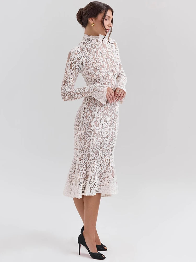 Lace Long Sleeve Sexy Midi Dress For Women Elegant White Half High Collar High Waist Bodycon Club Party Sexy Long Dress