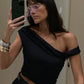 Asymmetrical One Shoulder Crop Tops Black Blue Sexy T Shirts for Woman Summer