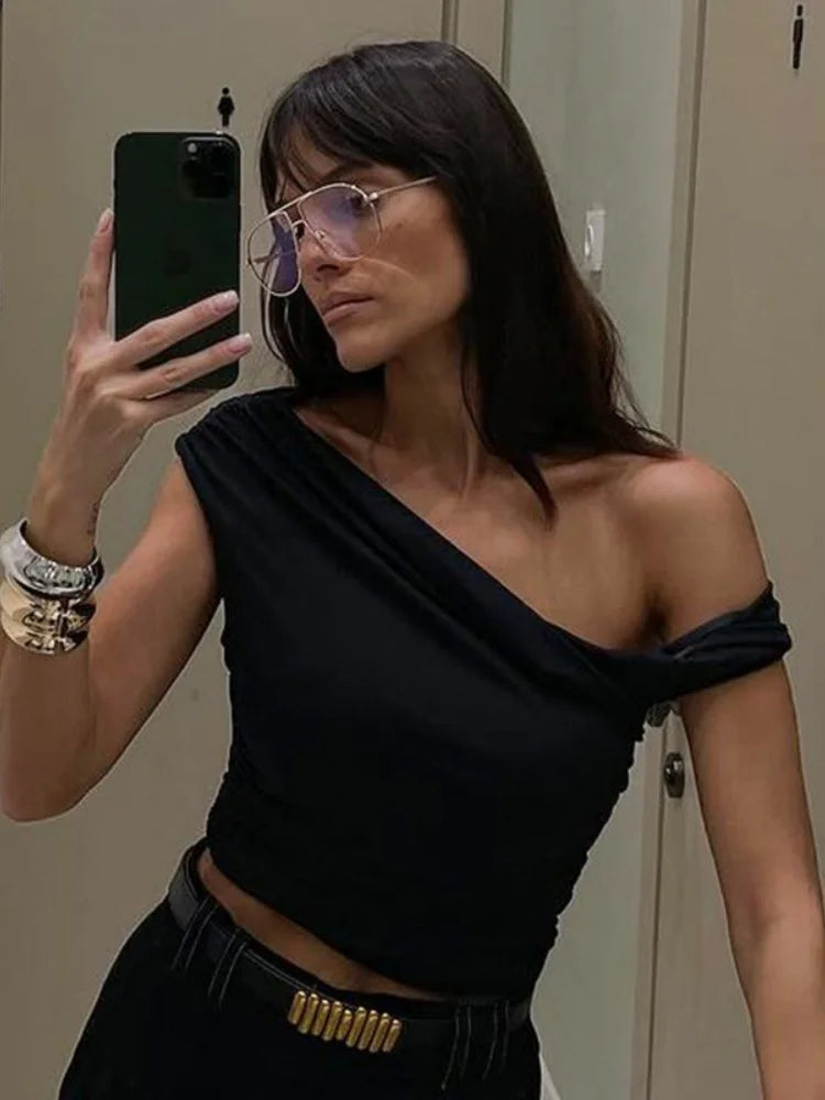 Asymmetrical One Shoulder Crop Tops Black Blue Sexy T Shirts for Woman Summer