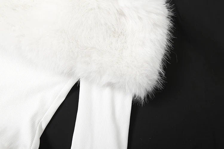 Christmas Elegant Dress Women Patchwork Fluffy Slash Neck Full Sleeve Winter Trend Skinny Birthday Party Mini Bodycon