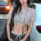 Single-Breasted t-Shirt Women See Through Folds Puff Sleeve Line Decoration Sweet Summer Fashion Daily Streetwear