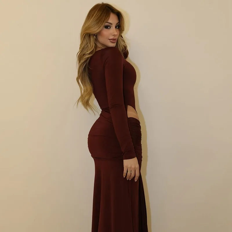 Side Hollow Long Sleeve Maxi Dress for Woman Elegant Party Dresses Fall Clothes Woman 2025