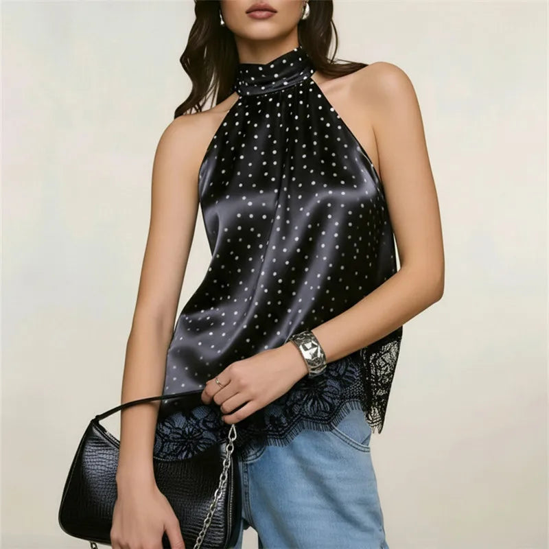 Women Black Satin Polka Dot Halter Top Sleeveless Lace Trim Asymmetrical Hem Open Back Blouse Y2K Coquette Streetwear
