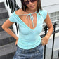 Women's Tie Front Keyhole Cutout Ruched Slim Fit Top Short Sleeve Crew Neck Y2K Sexy Casual Summer Streetwear Crop Top