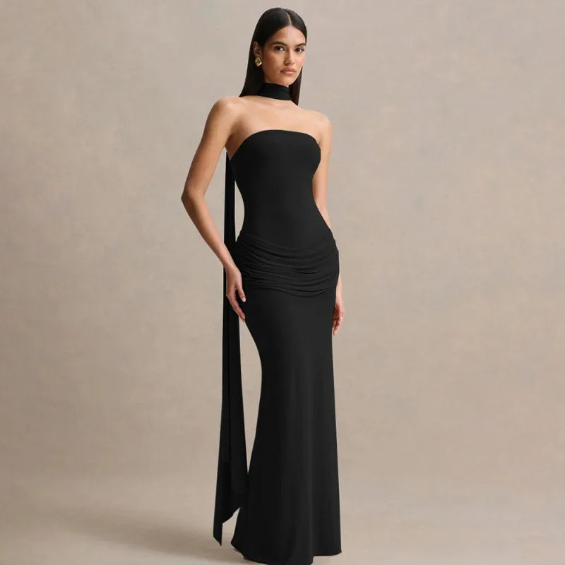 Elegant Party Evening Dresses Wedding Guest Black Strapless Maxi Dress with Draped Detailing and Scarf
