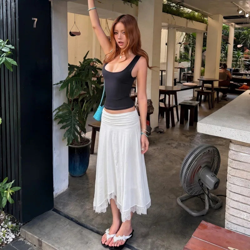 White Long Skirts with Lace Trim Asymmetric Hem Casual Vacation Style Skirt Woman Clothing Bohemian