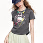 Y2K Cartoon Print Crop T-Shirt Short Sleeve Ruched Side Slim Fit Tee for Women