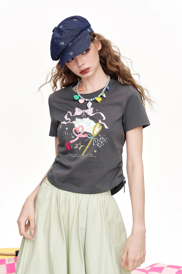 Y2K Cartoon Print Crop T-Shirt Short Sleeve Ruched Side Slim Fit Tee for Women